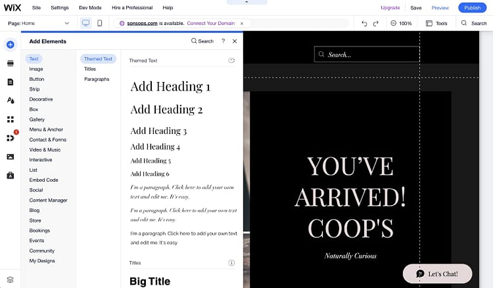 Opening the “add element” section